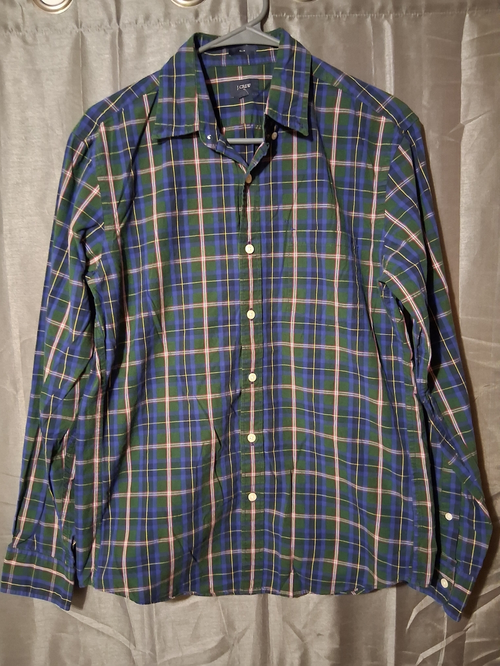 J. Crew Men's Navy and Green Plaid Button-Down Shirt